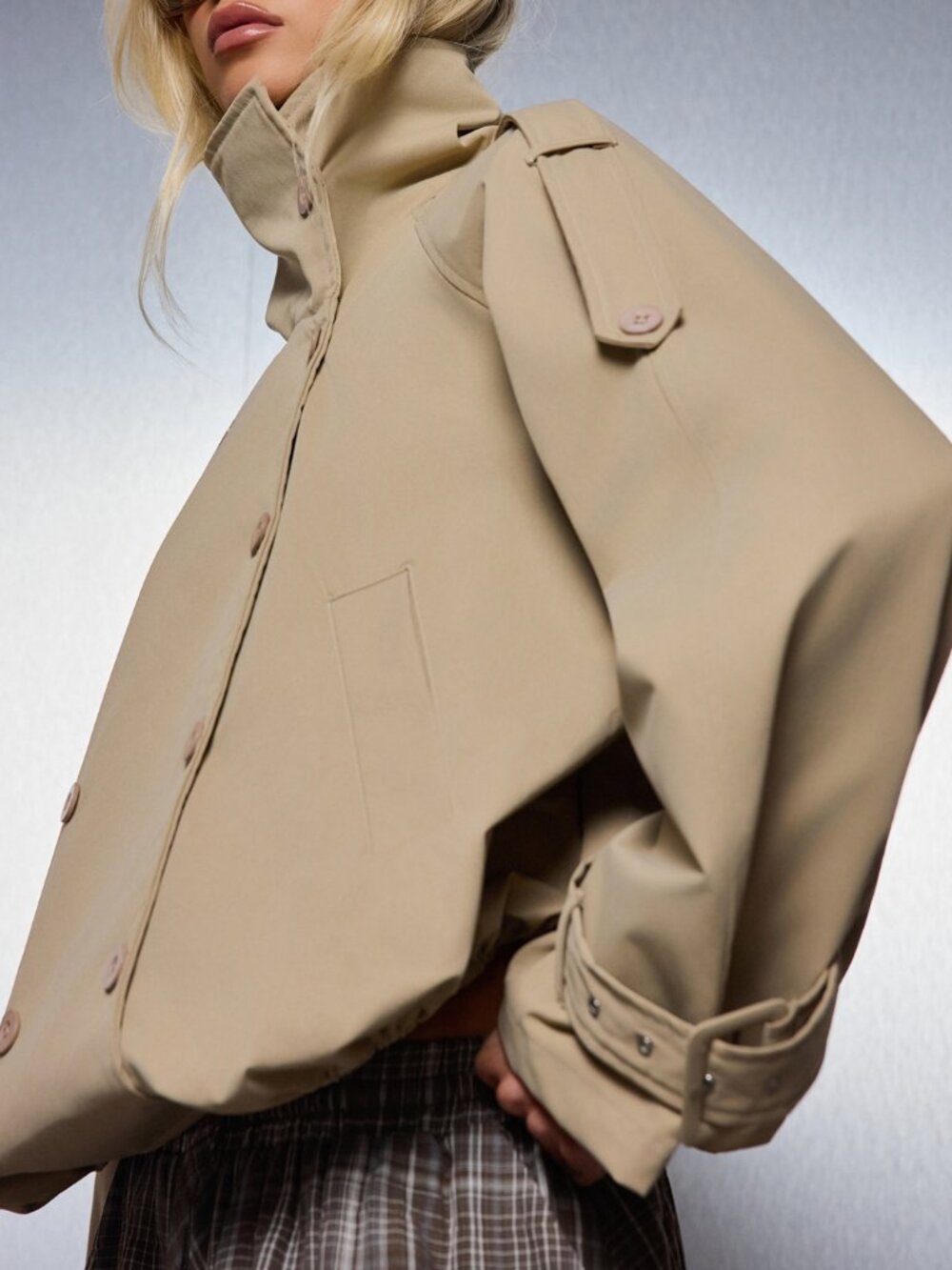 Camel Casual Women's Oversized Double-Breasted Stand Collar Military Jacket